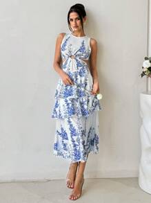 SHEIN VCAY Summer Holiday White And Blue Floral Women's Dress,Boho Casual Waist Hollowed Out Multi-Layer Ruffled Bottom,Tea Party Wedding Music Festival Dress - Multicolor - View 1