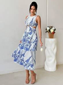 SHEIN VCAY Summer Holiday White And Blue Floral Women's Dress,Boho Casual Waist Hollowed Out Multi-Layer Ruffled Bottom,Tea Party Wedding Music Festival Dress - Multicolor - View 5