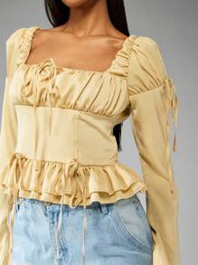 MISSGUIDED Elegant Puff Sleeve Corset Blouse Square Neck Ruched Tie Front Empire Waist Victorian Style Fall Winter Top Retro Cottagecore Fashion - Yellow - View 3