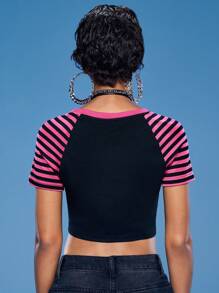 Winx Club X ROMWE Áo thun bó sát họa tiết hoạt hình tay raglan kẻ sọc chắp vá dành cho nữ - màu đen - Xem 3