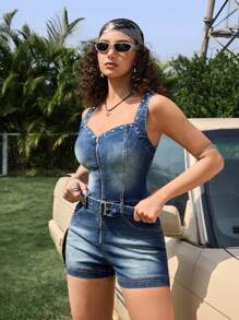 SHEIN ICON 女式时尚修身牛仔连体裤，适合夏季穿着 - 藍色 - 查看 5