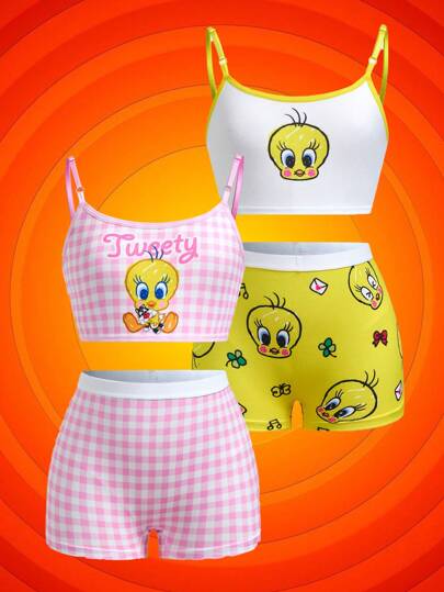 LOONEY TUNES X SHEIN 2 ensembles de débardeur et boxer briefs imprimés de motifs de dessins animés pour jeunes filles