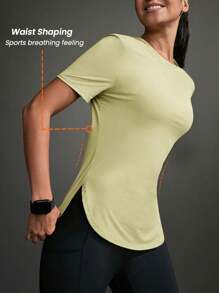 Exploreva Women's Solid Color Crew Neck Short Sleeve Casual Sports T-Shirt Gym Shirts - Yellow - View 3