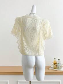 Chiquease Elegant Lace Round Neck Short Sleeve Blouse, Chic Beige Color, Spring/Summer - Apricot - View 2
