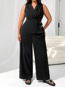 SHEIN EZwear Black Vest And Pants 2pcs Suit Set, Plus Size - Black - View 3