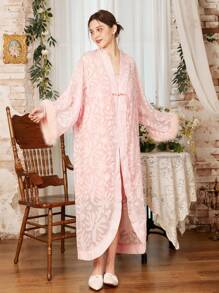 Côtesoire New Chinese Style Faux Rabbit Fur Jacquard Robe & Satin Camisole Night Gown, Elegant Set - Pink - View 4
