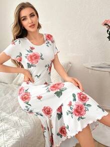 夏季休闲罗纹花卉印花短袖睡袍 - 彩色 - 查看 6