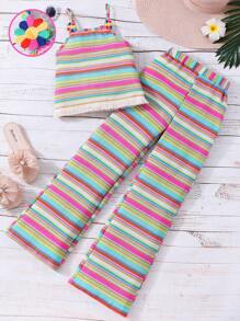 Tween Girls Striped Camisole And Pants 2 Pieces Set, Suitable For Beach Vacation - Pink - View 1