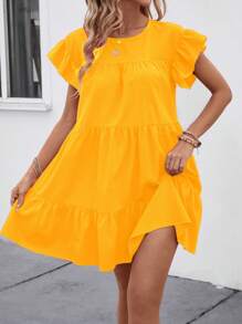 Breezaya Women Summer Solid Color Round Neck Loose Babydoll Dress With Ruffle Trim Vacation Beach Outfit - Yellow - View 3