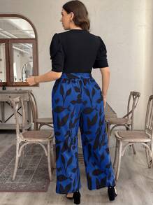 SHEIN LUNE SHEINLUNE Plus Size Women's Princess Sleeve Tie Waist Straight Leg Wide Leg Black&Pink Floral Jumpsuit, Old Money,Summer Outfits For Women, Old Money, Spring Break Outfits , Modesty Clothes Women Summer Boho Old Money Summer Outfits For Women Spring Break Rave Outfits Festival Spring Break Outfits - Royal Blue - View 8