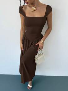 Firerie Đầm maxi tay ngắn, cổ vuông, thắt nơ thanh lịch, thích hợp cho các buổi hẹn hò, mùa xuân/hè, đầm hè cho nữ. - Màu nâu Sô-cô-la - Xem 8