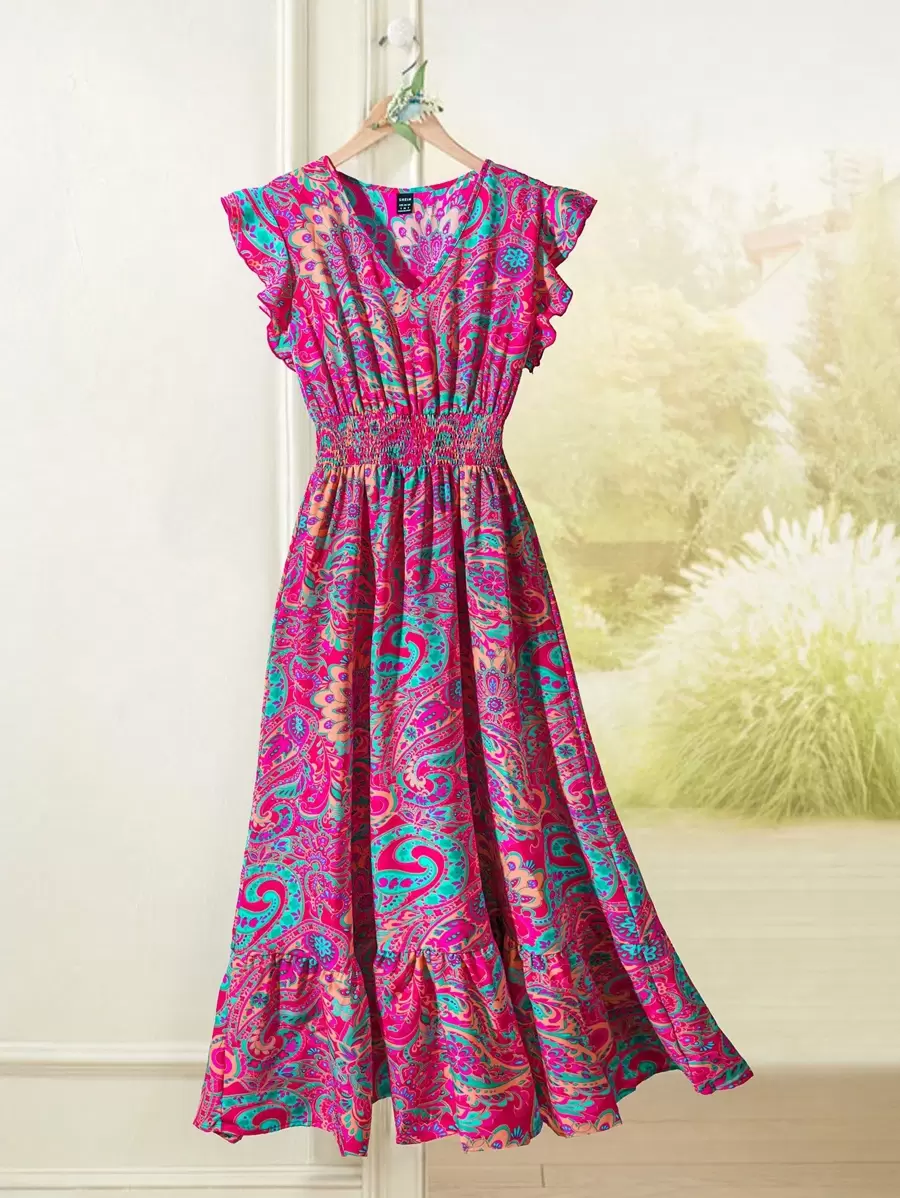 Rusticease 女士休閒印花V領夏季假日連衣裙，帶有飄逸袖口，褶皺腰身和褶皺長度 - 彩色 - 查看 1