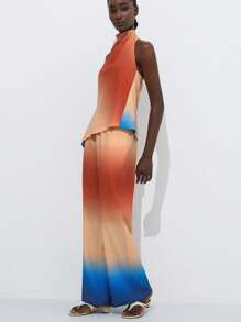 SHEIN Privé New European & American Fashion Ladies' Minimalist Generous Resort Leisurely Commuting Elegant Tie Dye Color Block High Neck Sleeveless Asymmetrical Blouse With Loose Wide Leg Pants 2 Pieces Set - Multicolor - View 2