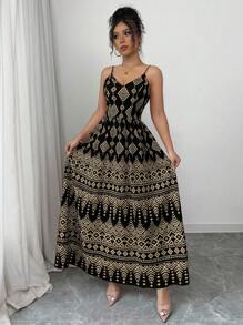 Breezaya 几何印花蝴蝶结露背吊带连衣裙，度假风格 - 黑色 - 查看 4