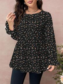 SHEIN LUNE Plus Size Women Floral Print Loose Fit Casual Long Sleeve Top, Black Background - Multicolor - View 4