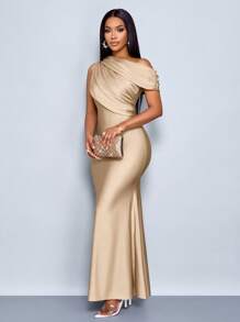 SOLERSUN Summer Women's Clothing Wedding Party Elegant Apricot Knit Glossy Fabric Asymmetric Off-Shoulder Sleeveless Panel Gathering Fitted Fishtail Skirt Hem Maxi Dress