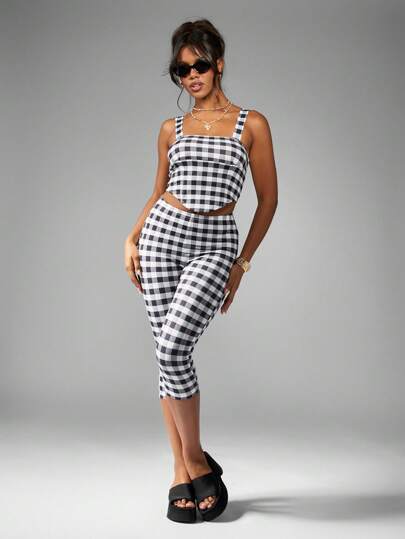 MISSGUIDED Gingham Check Co-Ord Set Summer Sleeveless Crop Top High Waist Capri Pants Casual Stretchy Two Piece Outfit Vacation Beach Resort Wear