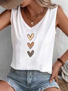 EMERY ROSE Pulover casual minimalist cu decolteu în V și umeri căzuți, cu model leopard și inimă, ușor transparent