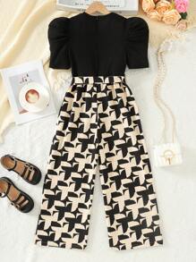 SHEIN Leap Crew Tween Girl Elegant Solid & Floral Print Patchwork Short Sleeve Wide Leg Jumpsuit - Khaki - View 2