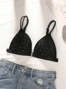 SHEIN Elegant Sexy Diamond Pattern Front Closure Bra - Black - View 6