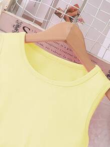 Sparklyn Tween 女童无袖圆领背心搭配彩虹褶皱阔腿裤套装，适合通勤和休闲，春夏季 - 黃色 - 查看 4