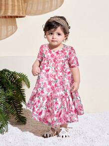 SHEIN Summer Cute Cartoon Pattern Short Sleeve Baby Girl Dress - Multicolor - View 5