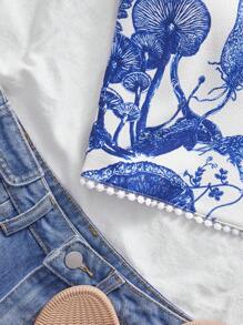 SHEIN VCAY Form-Fitting Elegant Knitted Blue & White Printed Crop Top Camisole Top For Women, Knitted, Suitable For Spring/Summer Holiday, Summer For Women,Rave Top,For Summer Vacation, Women Summer - Blue and White - View 5