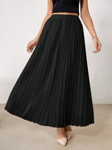 EastFlair Plus Size Versatile Retro Pleated Midi Skirt For Office And Commute Fall - Black - View 3