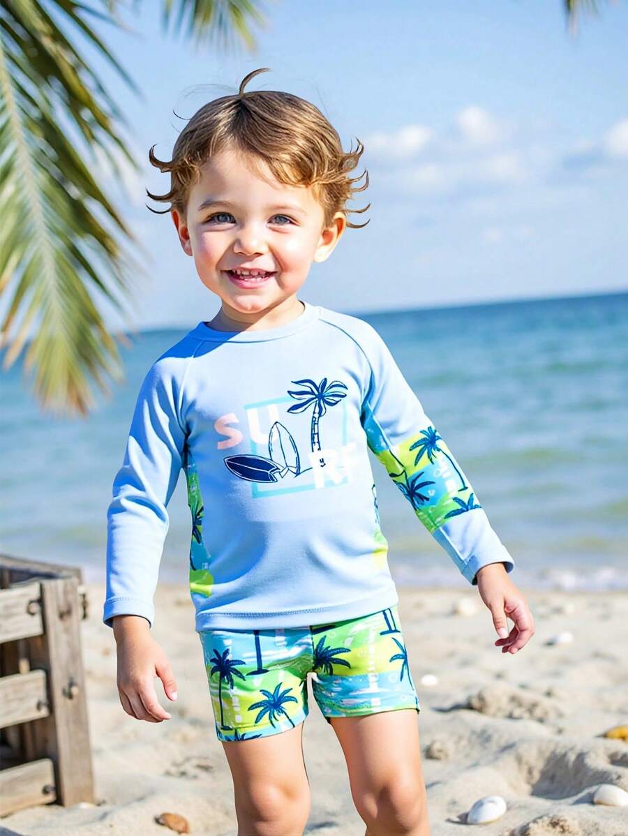 2pcs Toddler Boys Tropical Holiday Style Print Outfit - Short Sleeve Top + Shorts, Suitable For Vacation & Pool Play - Baby Blue - View 1