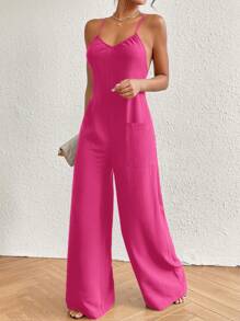 SHEIN VCAY Mono de verano de pierna ancha con doble bolsillo y tirantes