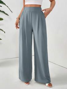 SHEIN Essnce Quần dài màu trơn cơ bản cho nữ, thời trang cho mùa hè - Màu xanh bụi bặm - Xem 5