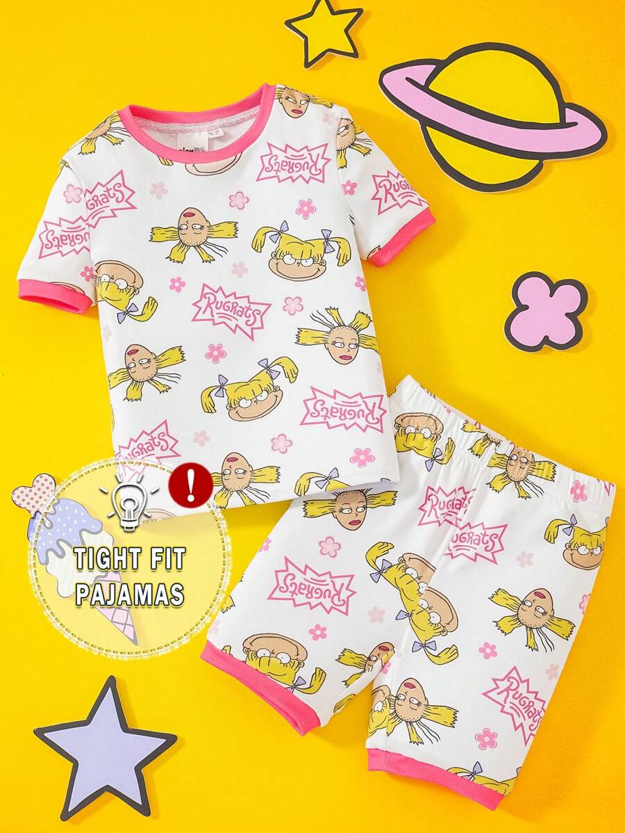 Nick 90s | SHEIN Young Girl Cartoon Floral & Letter Graphic Pink & White Casual Comfortable Tight Fitting Short Sleeve T-Shirt & Shorts Pajama Set - White - View 1