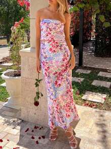 SHEIN VCAY 2pcs/Set Women Ditsy Floral Satin Bandeau Top And Long Maxi Skirt, Spring/Summer Prom Dresses For Ladies Birthday Dresses For Women Formal Prom Dresses For Women Clothing Women Two Pieces Outfits Birthday Outfits For Women Two Pieces Outfits Women Elegant Dresses Women Dresses Vacation