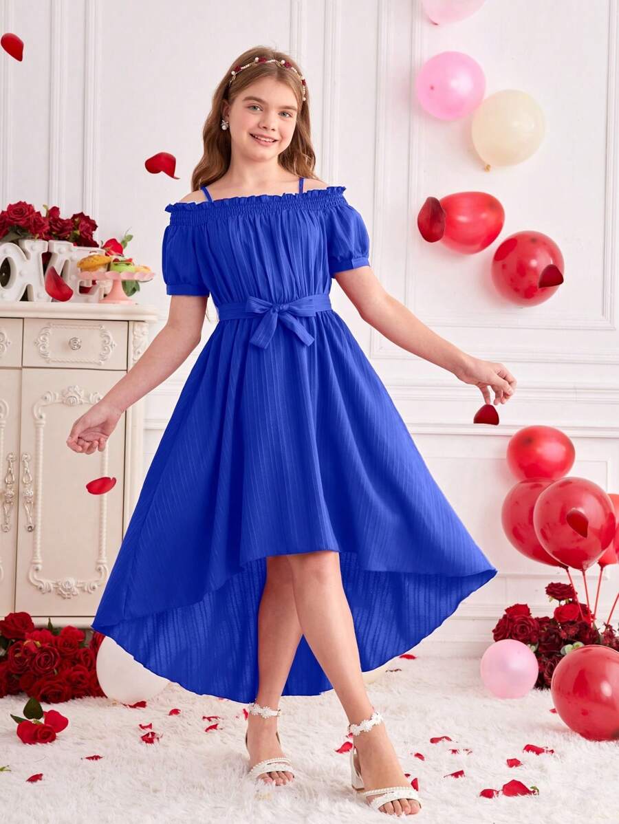 Girls' Elegant Woven Off-Shoulder Ruffle Hem Casual Dress, Spring/Summer - Blue - View 1