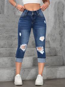 SHEIN EZwear Women's Pocketed Ripped Skinny Casual Versatile Capri Denim Jeans - Dark Wash - View 1
