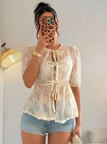 Chiquease 女士时尚花卉刺绣网眼前系带半透明衬衫 - 杏色 - 查看 3