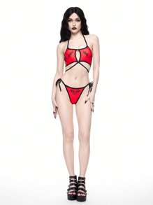 ROMWE Goth Conjunto de bikini de 2 piezas con ribete de contraste, estilo gótico, para Halloween - Multicolor - Ver 5