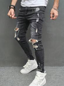 Manfinity LEGND Men's Pocket Ripped Skinny Casual Versatile Black Jeans - Black - View 5