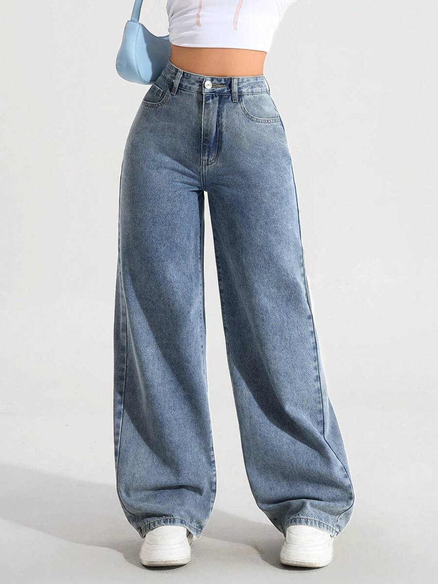Jeanoix Casual High Waist Loose Flare Washed Denim Jeans Y2k