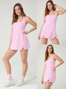 GLOWMODE Abito da allenamento FeatherFit™ Air Match Point con scollo quadrato e schiena a racer, fessura frontale e coulisse piatta, pantaloncini incorporati, tasche laterali, grip antiscivolo, adatto per tennis, golf, pickleball e uso quotidiano a basso impatto - Rosa Bubblegum - Visualizzare 9