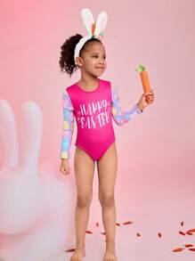 SHEIN Ensemble de 2 pièces pour jeunes filles: body à manches longues avec impression de lettres mignonnes et jupe assortie, motif d'œufs de Pâques peints en couleurs multiples, stretch 4 sens, conception décontractée confortable