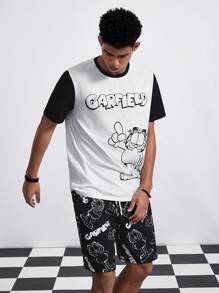 GARFIELD | SHEIN Bộ 2 chiếc/Bộ Áo thun tay ngắn in hình mèo hoạt hình màu đơn giản Unisex và quần short đen, Xuân/Hè - Đen và trắng - Xem 7