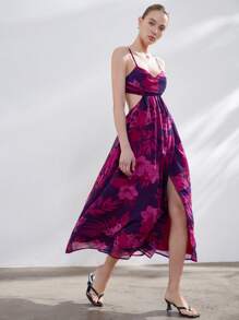 SHEIN Privé Chiffon Floral Print Halter Neck Dress - Multicolor - View 1