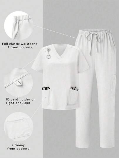TaskEZ Simple Summer Short Sleeve Uniform Set With Pocket Design On Top And Pants, Scrub Sets