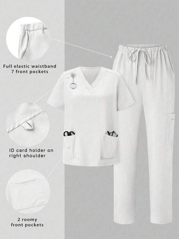 TaskEZ Conjunto de uniforme de verano sencillo con diseño de bolsillo en la Top y pantalones, Conjunto de uniformes