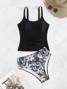 Swim Lushoire Summer Women Beach Outfits, Solid Color Modest Style Ruched Waist Adjustable Wide Strap Tank Top And Random Print Triangle Shorts 2pcs Set - Multicolor - View 2