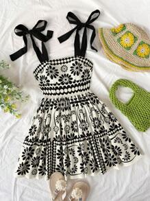 Truni Vestido mini acampanado de talla grande para mujer con estampado retro geométrico negro, tirantes y cintura ceñida para vacaciones - Multicolor - Ver 1