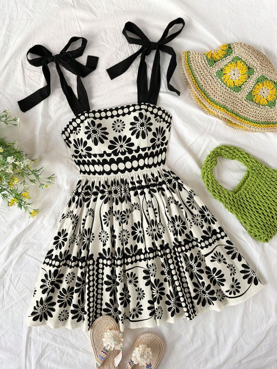 Truni Vestido mini acampanado de talla grande para mujer con estampado retro geométrico negro, tirantes y cintura ceñida para vacaciones - Multicolor - Ver 1