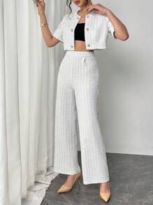 Firerie Elegant Women 2pcs Solid Color Textured Cropped Jacket & Pants Suit Sets/Suitable For Dates/Work/Vacation/ Holiday/Casual Wear/Summer Bohemian Style/Holiday/Festival/Music Festival/Derby Dress/Rodeo Outfit - White - View 4