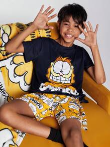 GARFIELD | SHEIN Tween Boy Cartoon Cat Print Casual Short Sleeve T-Shirt & Yellow Shorts 2pcs Set - Multicolor - View 2
